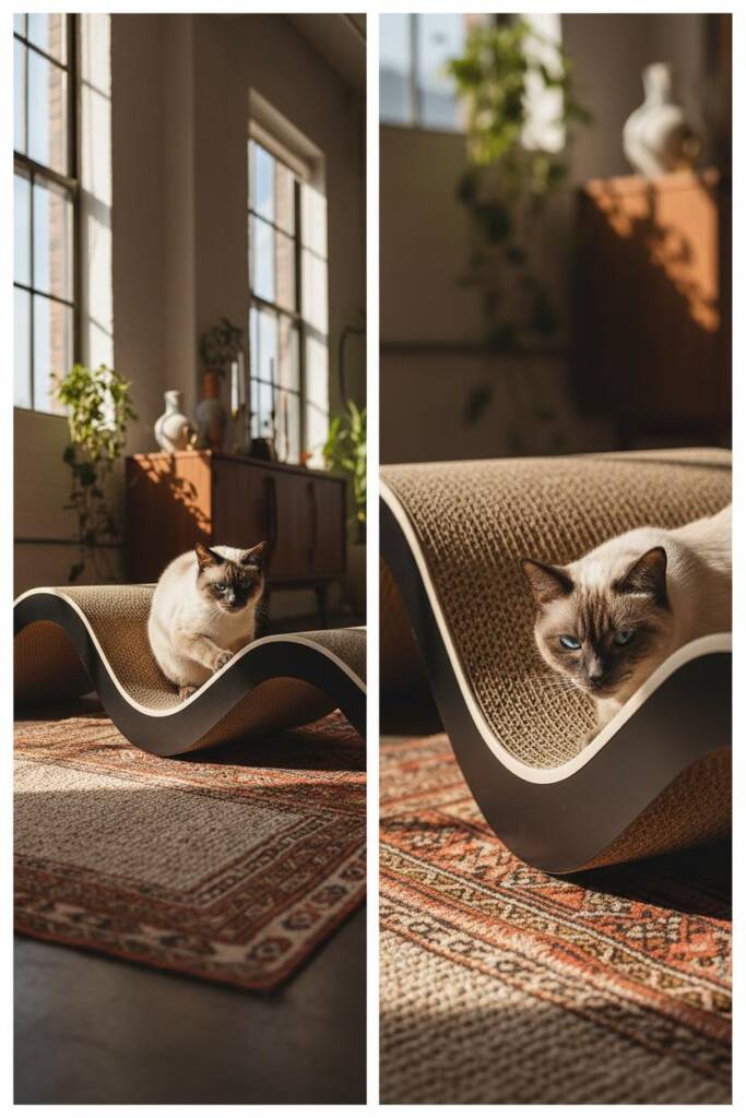 Artistic low-angle view of a sleek wave-curved cardboard cat lounger with a matte black exterior and crisp white corrugated i