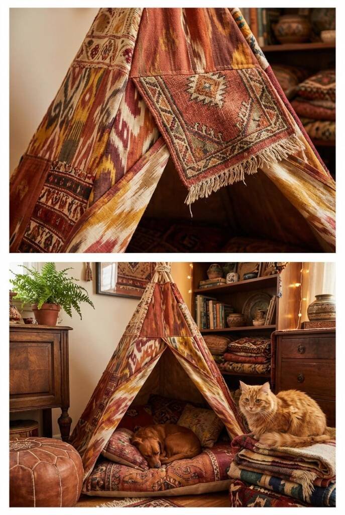 Richly patterned teepee featuring mixed ikat, suzani, and tribal prints in burnt orange, deep red, mustard, and cream. A smal