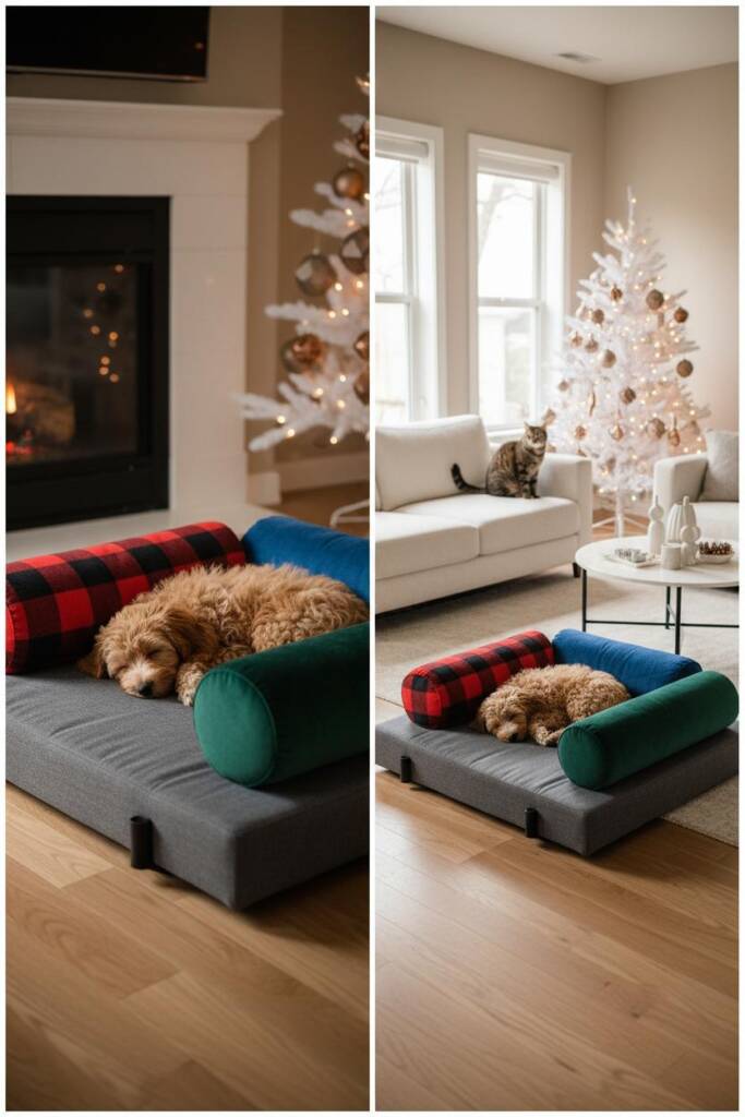 A low-profile rectangular dog daybed with separate cushioned base and three removable bolster pillows in mix-and-match holida