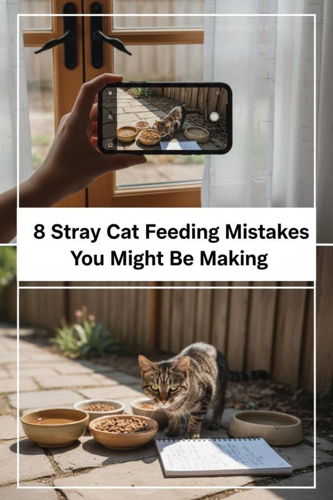 Person's hand holding smartphone taking photo of outdoor feeding area from behind a window with sheer curtain, showing observ