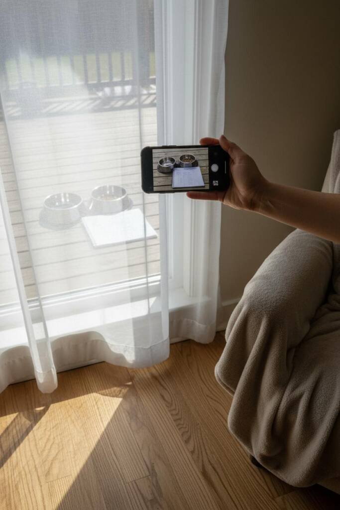 Person's hand holding smartphone taking photo of outdoor feeding area from behind a window with sheer curtain, showing observ