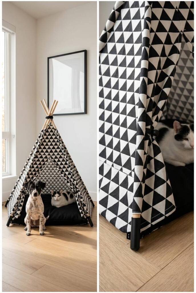 High contrast black and white geometric triangle pattern pet teepee in a modern living room. A small black and white spotted