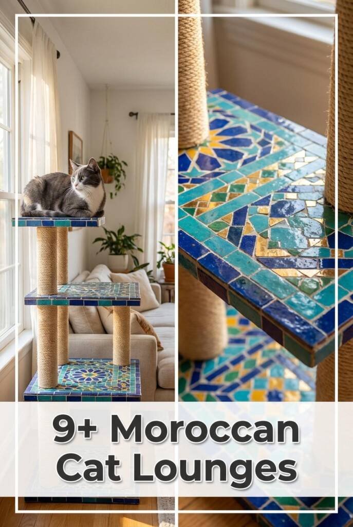 Pinterest vertical 2:3 ratio. Multi-tier cat tower showcasing glazed Moroccan zellige-style tile patterns in cobalt blue, tur