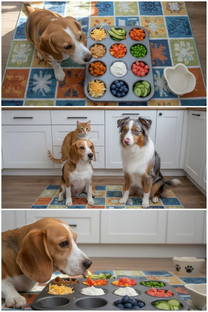 A 12-cup muffin tin transformed into individual dog charcuterie portions. Each cup contains a different combination: chicken