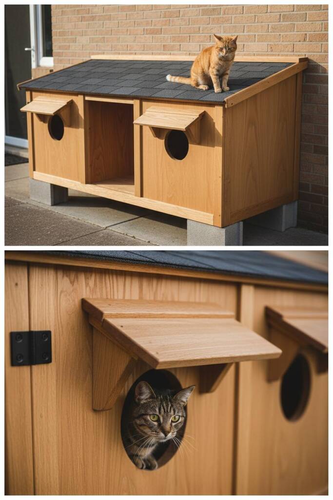 Large wooden structure 4 feet wide with visible interior divider walls creating three separate compartments, each with own en