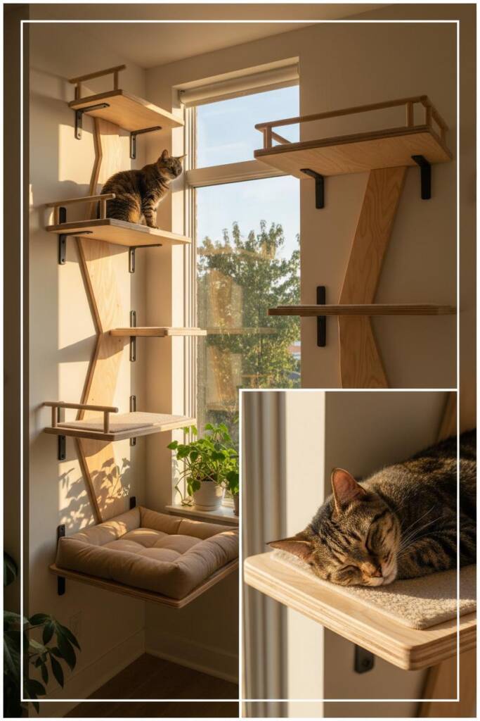 Bright sunlit window scene showing a DIY cat treehouse built like an indoor mini-treehouse: cascading wooden platforms arrang
