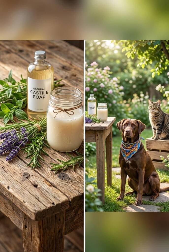 Rustic wooden table with herbs like rosemary and lavender, castile soap bottle, and DIY shampoo mixture in a mason jar, a dog
