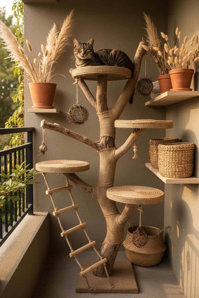 Pinterest collage featuring cat towers made from authentic-looking tree branches and driftwood pieces, with woven jute platfo