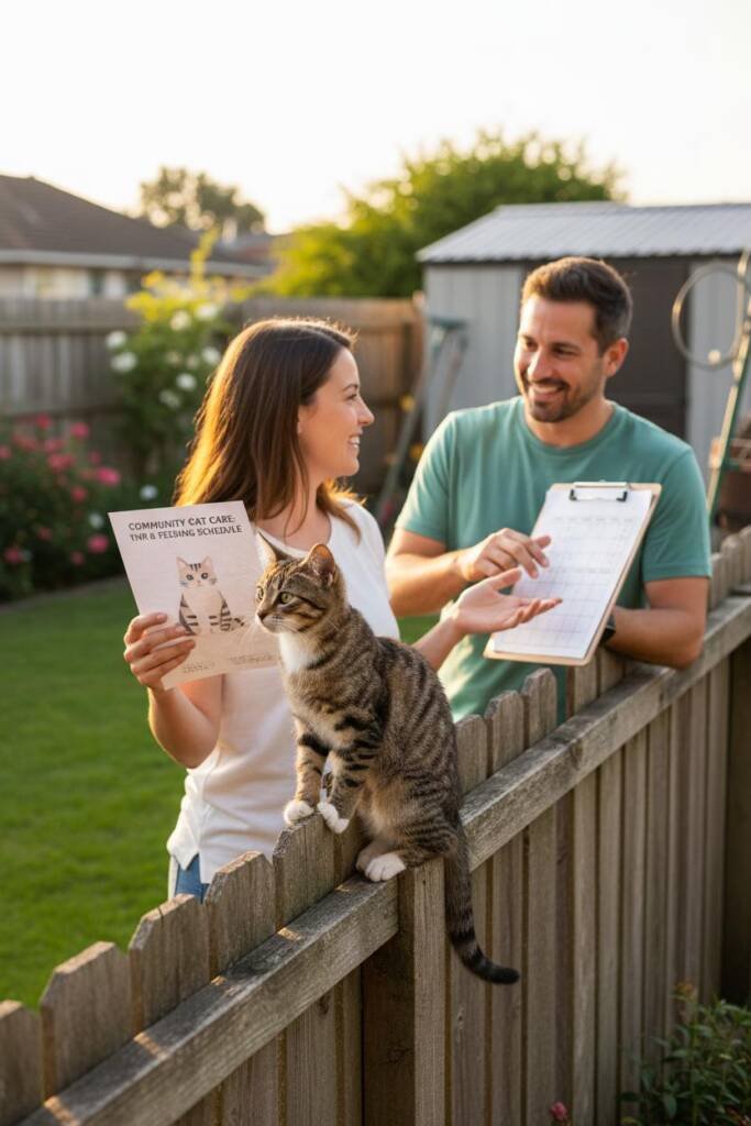 Two neighbors having friendly conversation over backyard fence, one holding informational flyer about TNR program and feeding