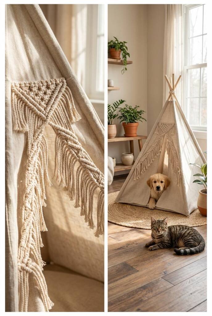 Natural oatmeal linen teepee with delicate macramé fringe trim along the entrance opening. A small golden retriever puppy pee
