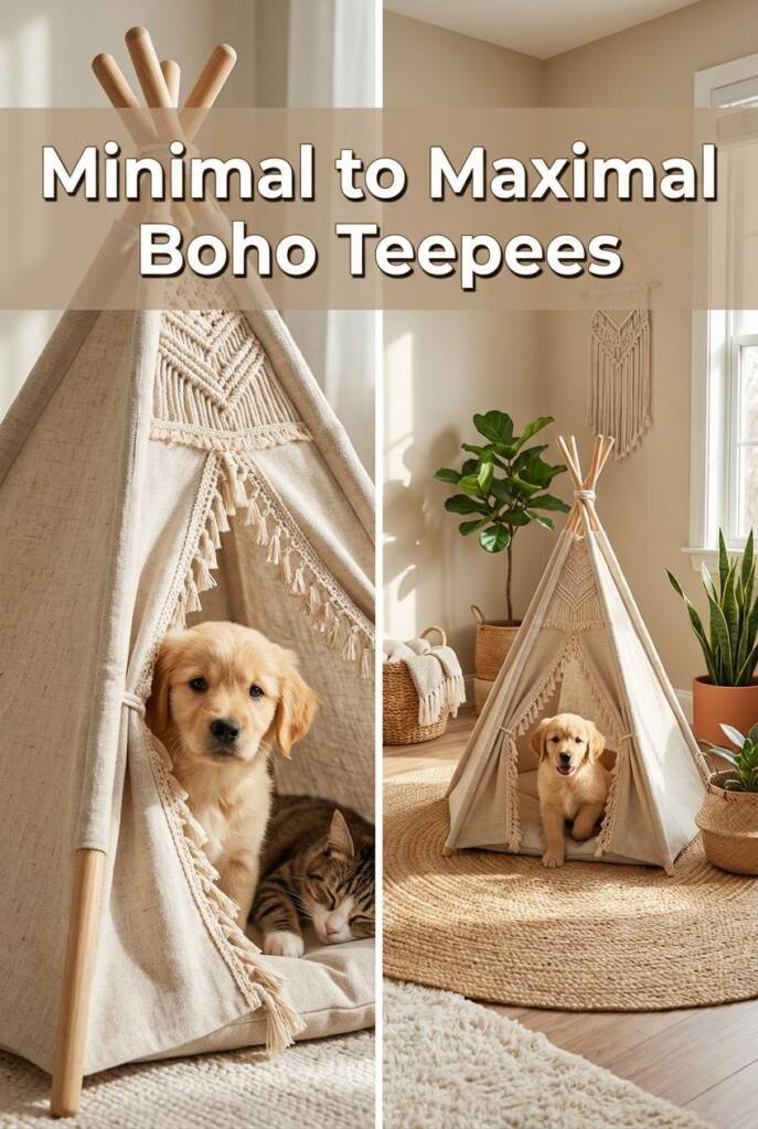 Natural oatmeal linen teepee with delicate macramé fringe trim along the entrance opening. A small golden retriever puppy pee