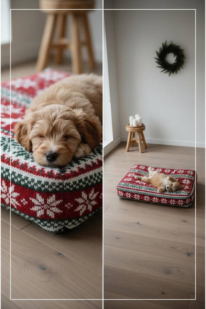 A rectangular dog bed covered in traditional Fair Isle knit pattern featuring geometric snowflakes and reindeer motifs in red