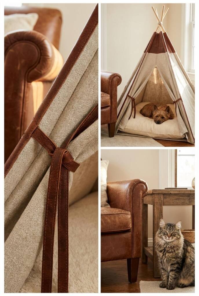 Chunky oatmeal linen teepee with rich cognac leather ties and trim details at the corners. A small brown terrier resting insi