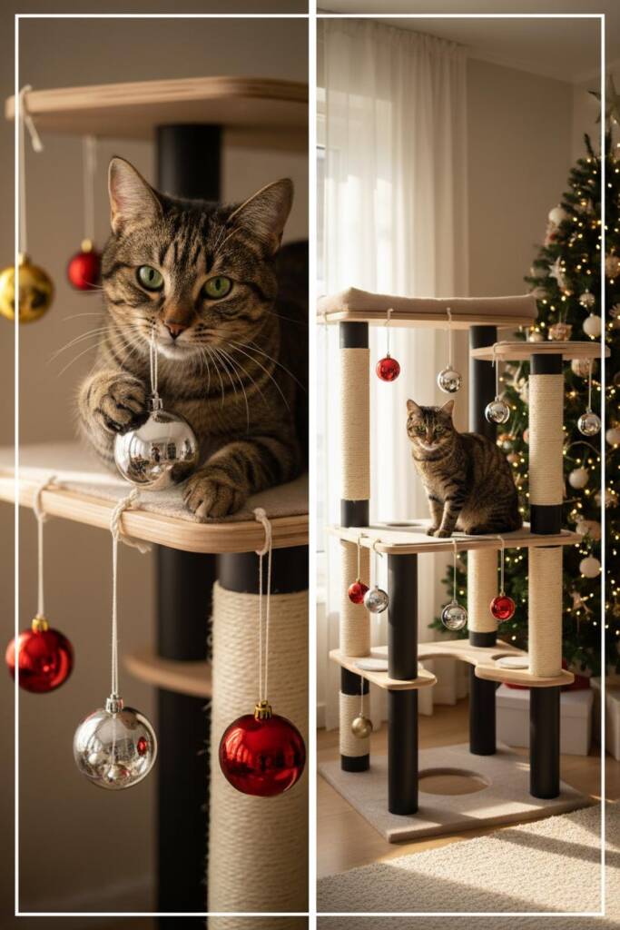 A modern cat tree tower with multiple platforms in festive colors, featuring shatterproof ornament balls in red, gold, and si