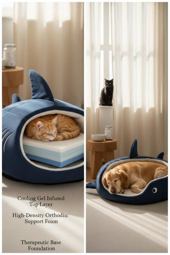 Serene spa-like bedroom corner bathed in soft morning light. A distinguished senior golden retriever with a graying muzzle re