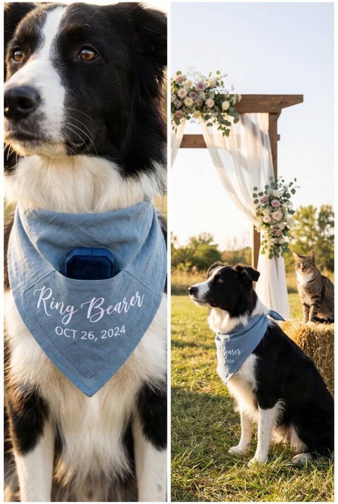 A border collie sitting attentively wearing a dusty blue custom bandana with white hand-lettered calligraphy reading "Ring Be