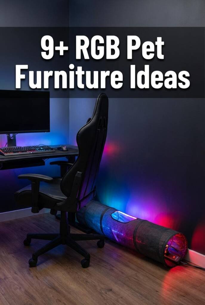 Vertical 3:4 scene behind a gaming desk where a low-profile fabric pet tunnel runs along the wall concealing cables; RGB stri