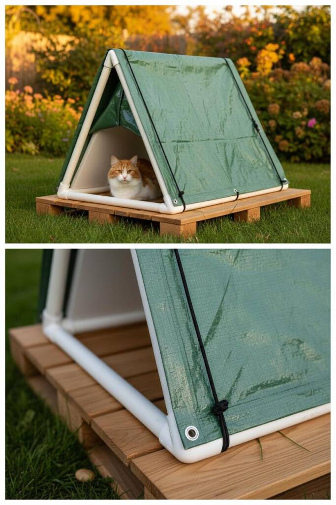 A-frame structure built with white PVC pipes forming triangular skeleton, heavy-duty green tarp draped and secured with bunge