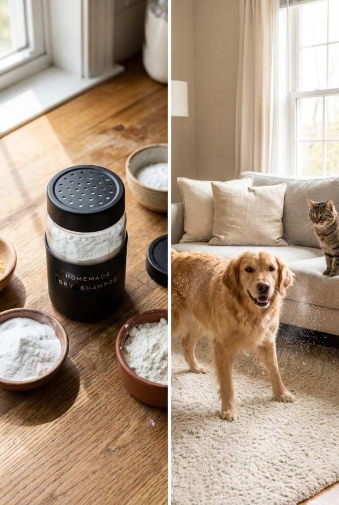 Overhead shot of a shaker jar filled with homemade dry dog shampoo powder, baking soda and cornstarch bowls beside it, a happ