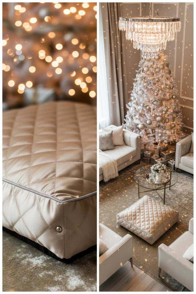 A luxurious quilted dog bed in champagne gold satin with diamond-quilted pattern catching light, positioned in a modern glam