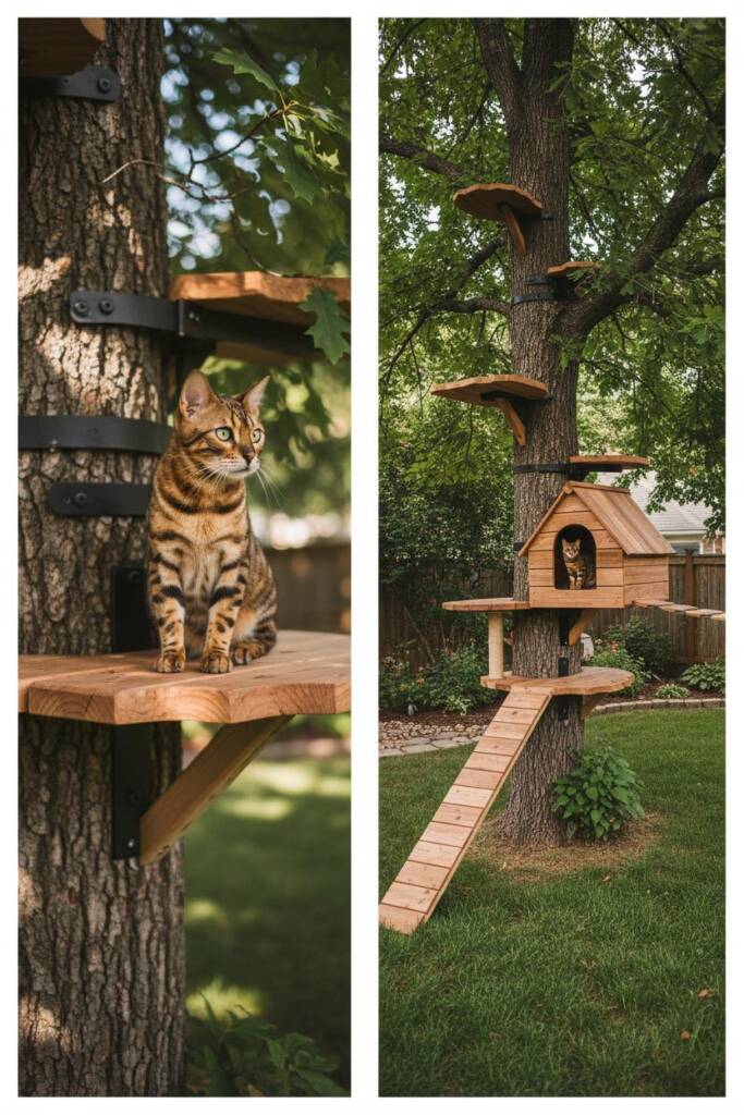 DIY cat treehouse built around a mature oak tree, with cedar wood platforms secured at multiple heights among real branches l