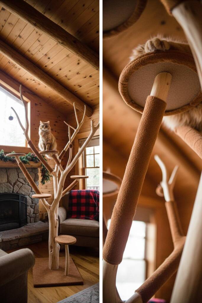 An artistic cat tree with natural wood branches extending at organic angles like reindeer antlers, covered in brown suede-lik