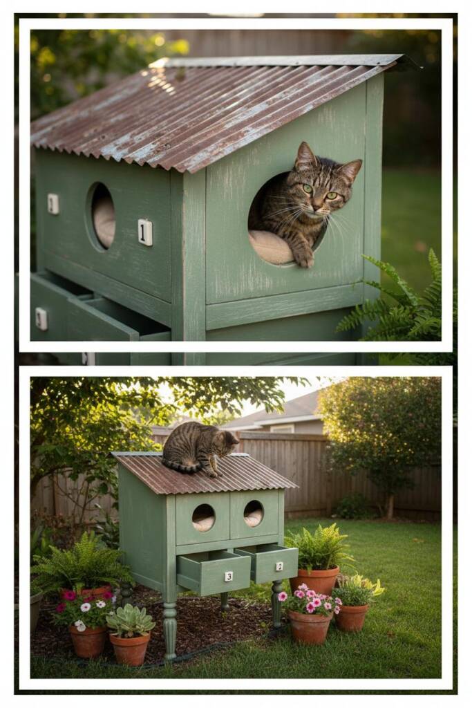 Vintage wooden nightstand transformed into pet shelter, painted in sage green outdoor paint, waterproof slanted roof added, t