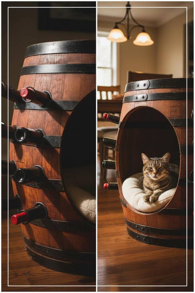A vertically-cut half wine barrel with rich mahogany staining and visible iron bands, circular metal wine holders mounted in