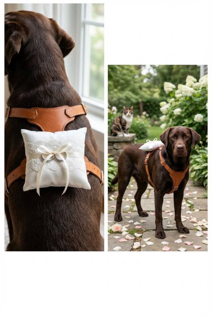 A chocolate labrador wearing a premium tan leather harness with a white satin ring pillow perfectly secured to the back betwe