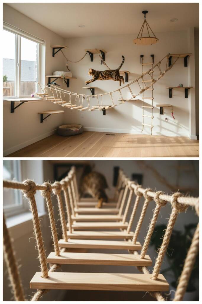 DIY cat treehouse adventure course with rope bridges: wall-mounted wooden platforms placed at various heights functioning lik