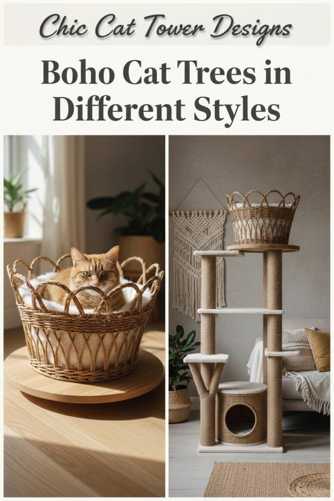 Pinterest collage displaying elegant cat towers with distinctive crown-shaped wicker baskets on top, natural tree trunk-style