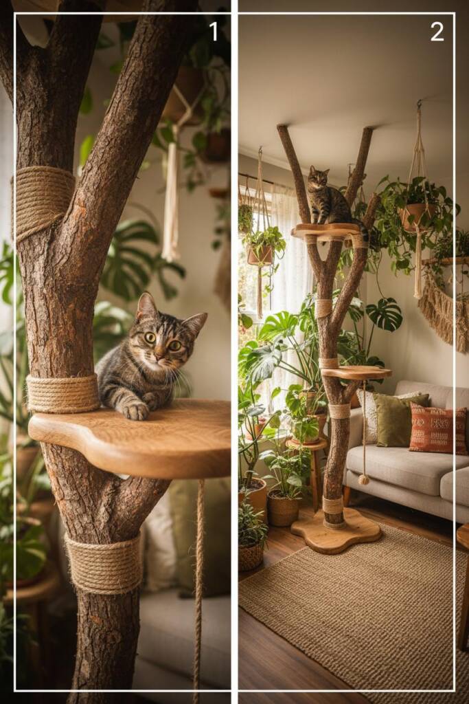 Rustic branch-based DIY cat treehouse mimicking a natural woodland treehouse: real hardwood branches with intact bark mounted