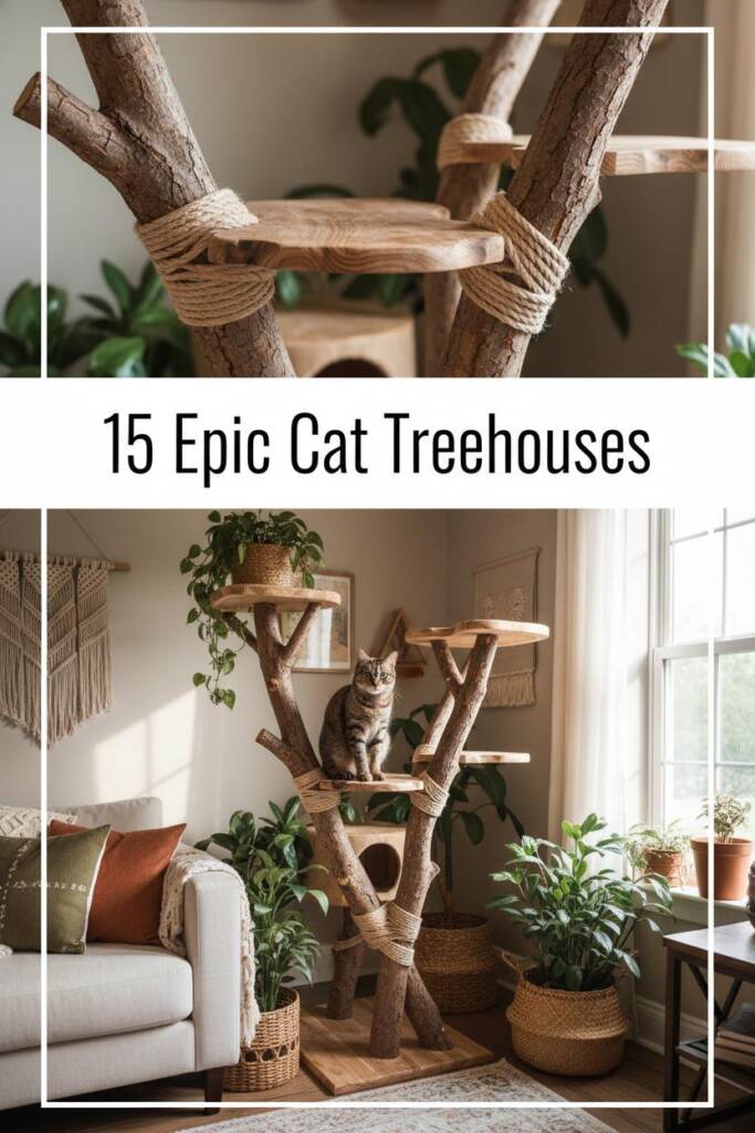 Rustic branch-based DIY cat treehouse mimicking a natural woodland treehouse: real hardwood branches with intact bark mounted