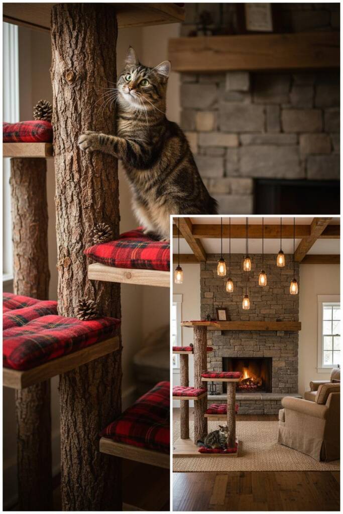 A natural wood cat tree featuring real log-style posts with bark texture, wooden platform shelves at varying heights, decorat