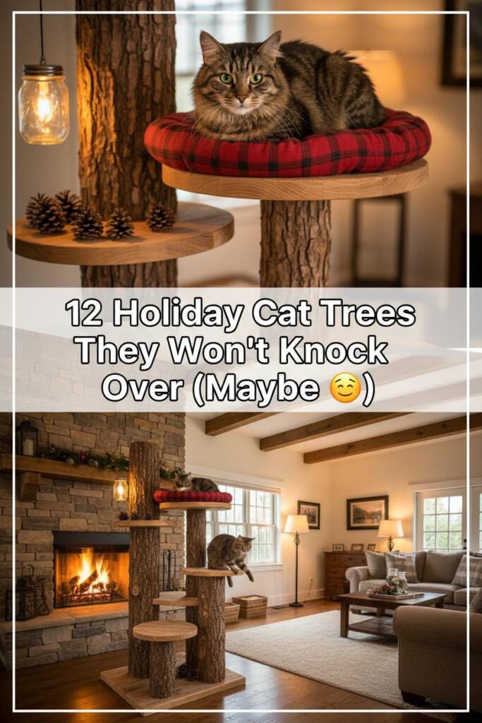 A natural wood cat tree featuring real log-style posts with bark texture, wooden platform shelves at varying heights, decorat