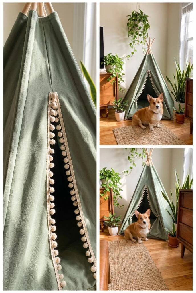 Earthy sage green canvas teepee adorned with cream colored pom-poms cascading down the front panels. A small corgi sitting at