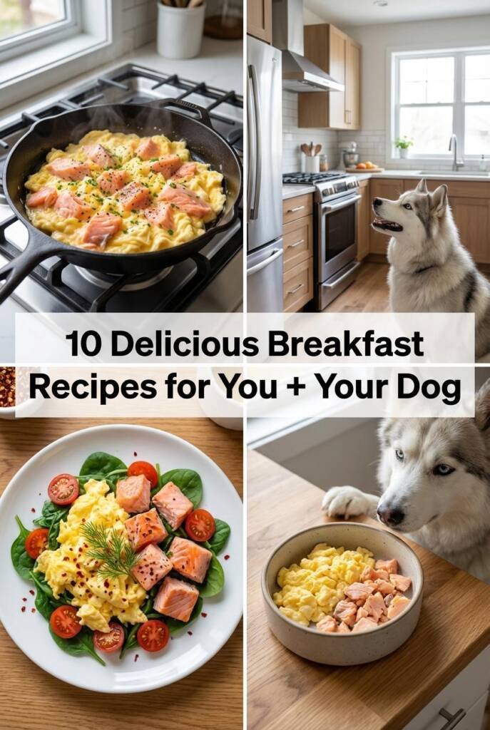 Realistic vertical image of a skillet on a stove with soft scrambled eggs and pink flaked salmon. On the counter is a simple