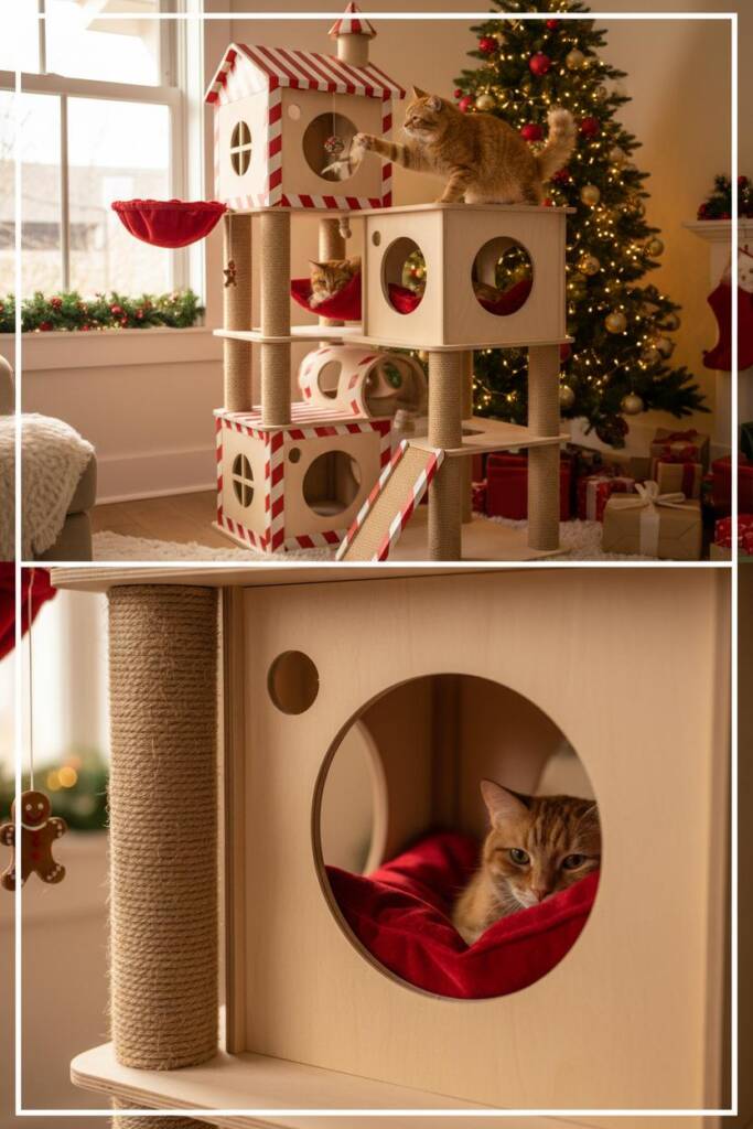 An elaborate multi-level cat tree complex designed like a miniature workshop, featuring red and white color scheme, multiple