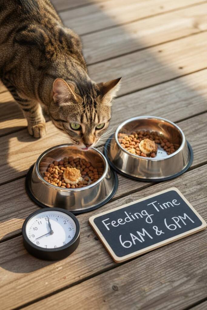 Close-up overhead view of a clean outdoor feeding station with a timer clock showing 6:00 AM, two stainless steel bowls with