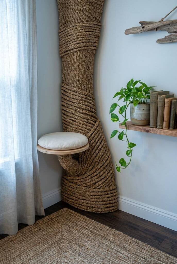 Cozy boho entryway corner with dramatic sculptural seagrass corner column installation - thick dimensional seagrass weave for