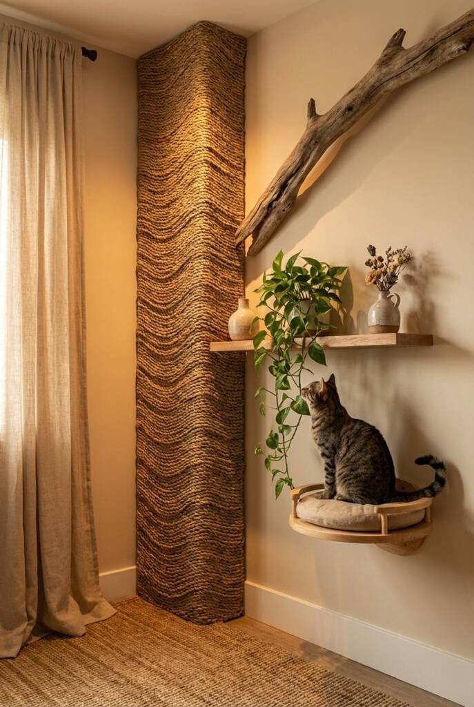 Cozy boho entryway corner with dramatic sculptural seagrass corner column installation - thick dimensional seagrass weave for