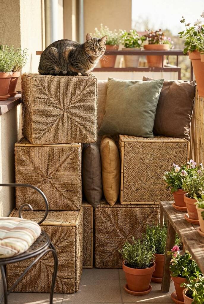 Contemporary living space with modular seagrass cube sculpture system - 6 large cubes (20x20x20 inches each) in dramatic stag