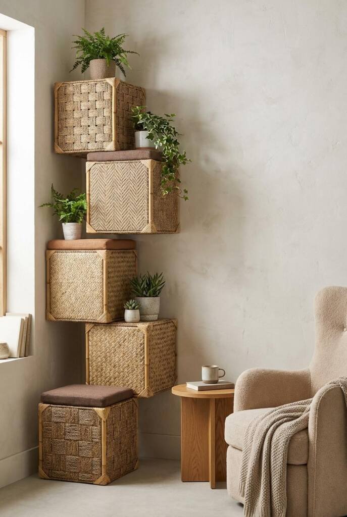 Contemporary living space with modular seagrass cube sculpture system - 6 large cubes (20x20x20 inches each) in dramatic stag