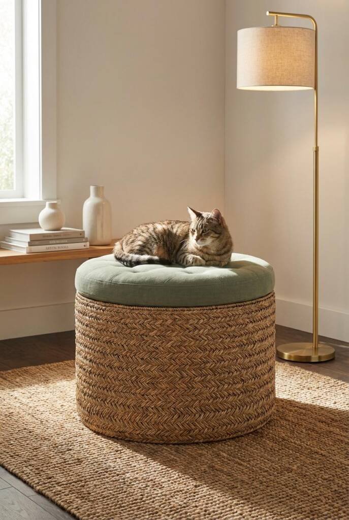 Elegant living room with statement seagrass ottoman tower sculpture (32 inches diameter, 24 inches tall) - museum-quality tig