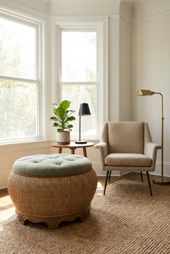 Elegant living room with statement seagrass ottoman tower sculpture (32 inches diameter, 24 inches tall) - museum-quality tig