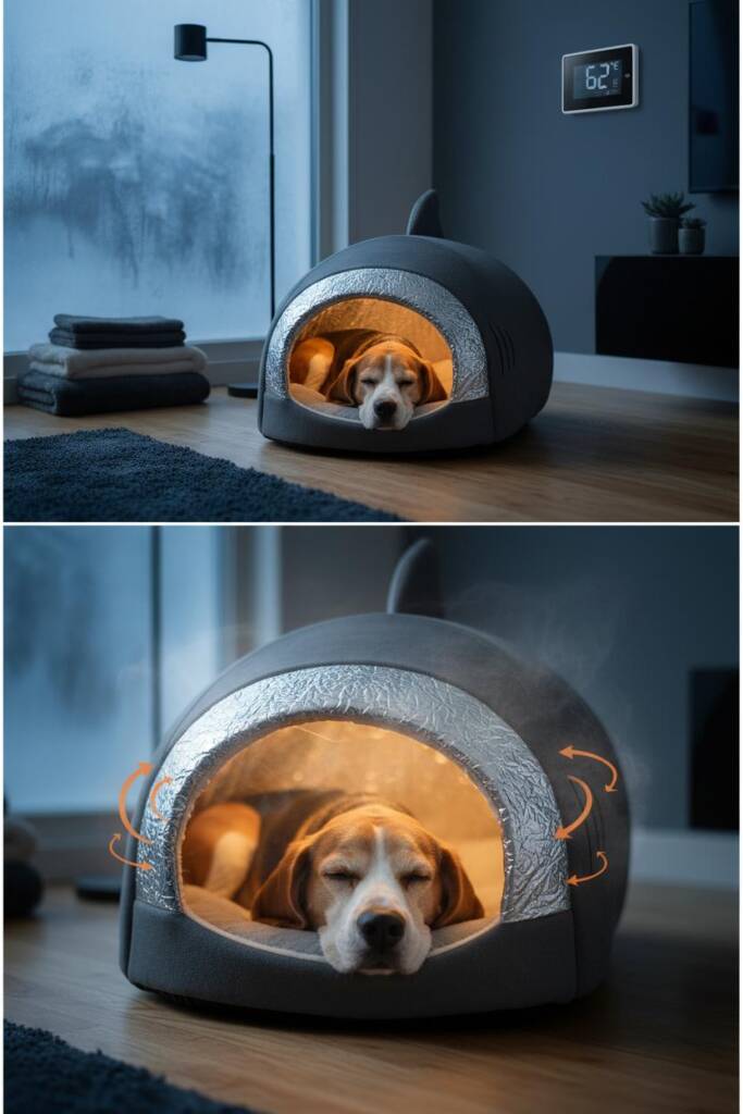 Moody winter evening scene with cool blue tones and minimal lighting. A charcoal gray shark bed glows subtly from within as a