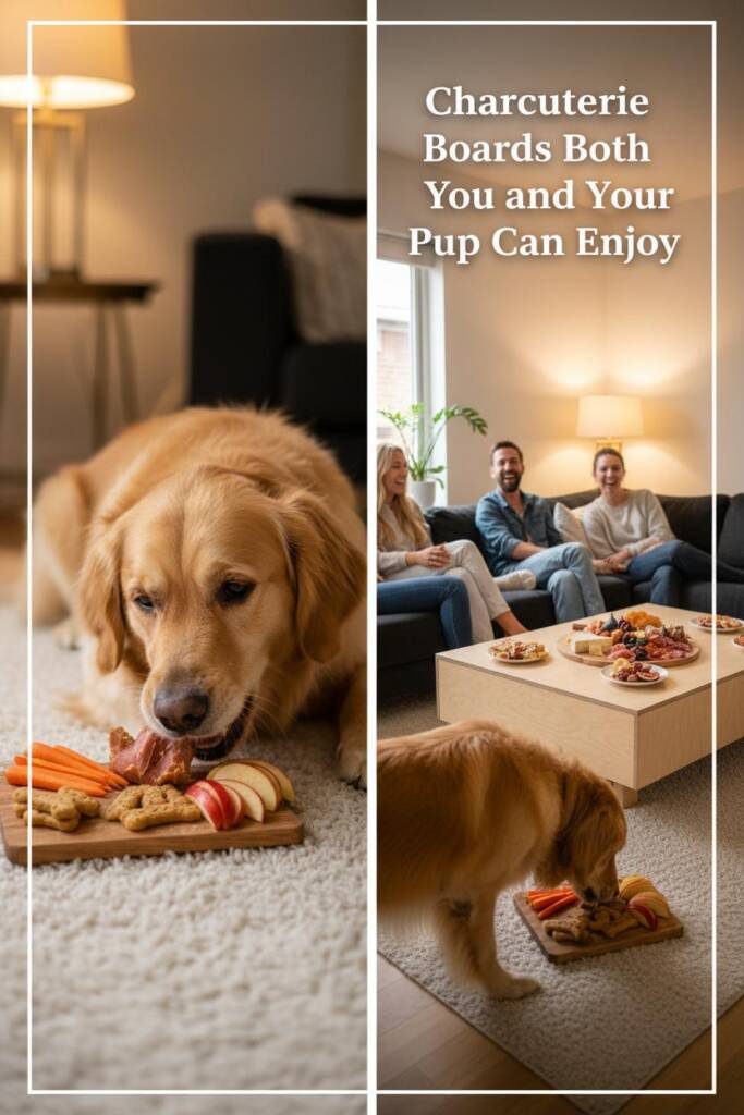 A beautiful living room party scene showing the perfect setup. In the foreground, a small pup charcuterie board on the floor