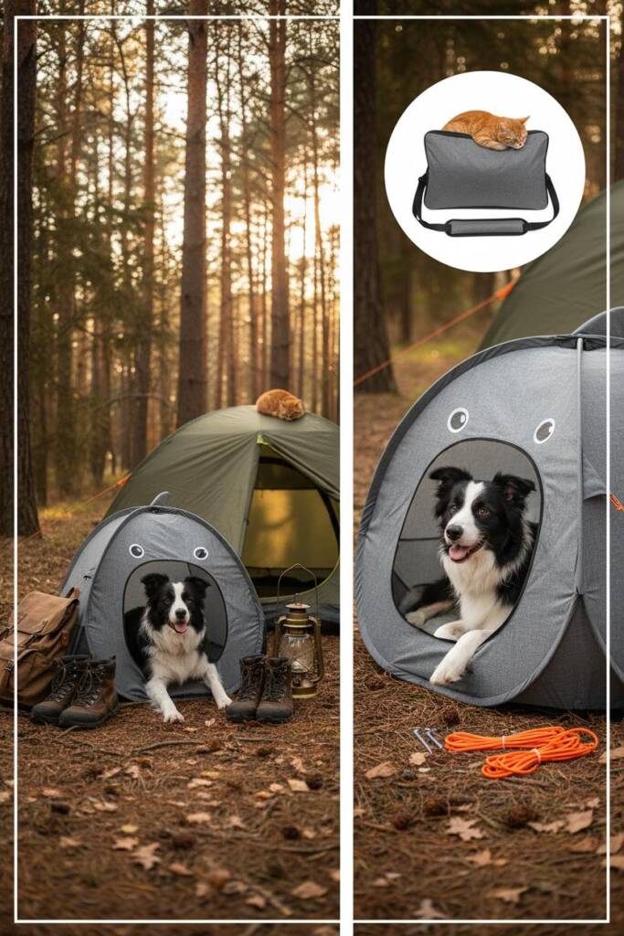 Adventure-ready camping scene in a pine forest clearing. A border collie relaxes in a pop-up shark bed tent next to a human c