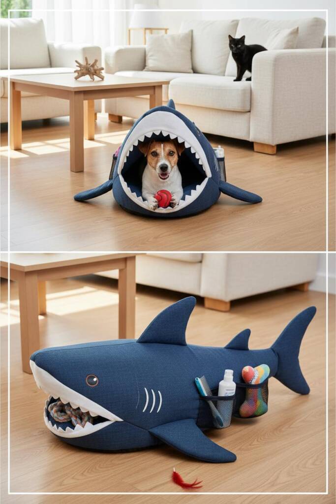Magazine-worthy styled living room with a dark blue shark bed as the organizational hero piece. A Jack Russell Terrier peeks
