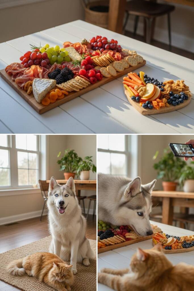 A perfectly styled flat lay showing two charcuterie boards side by side on a white shiplap table. Left side features an elabo